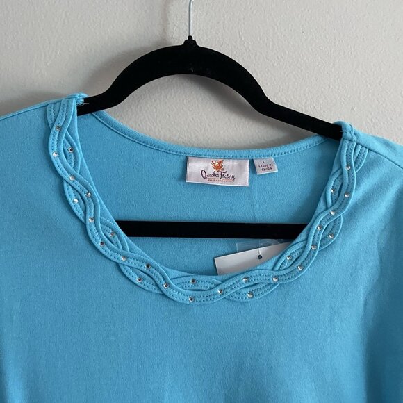 Quacker Factory Women L Blue Rhinestone Braided Sparkle 3/4 Sleeves T-Shirt NWT - Picture 5 of 10